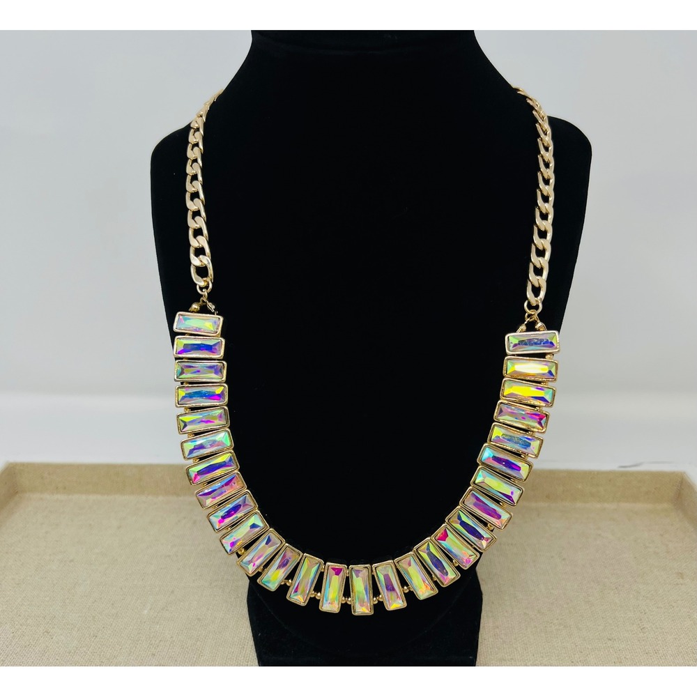 Kirks Folly Aurora Borealis Crystal Statement Necklace Gold Tone Iridescent